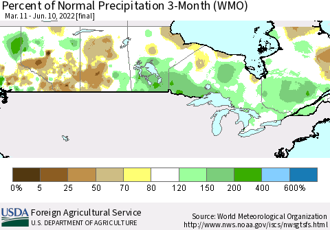 Canada Percent of Normal Precipitation 3-Month (WMO) Thematic Map For 3/11/2022 - 6/10/2022