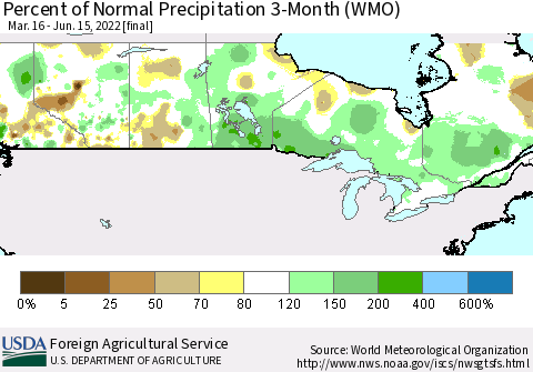 Canada Percent of Normal Precipitation 3-Month (WMO) Thematic Map For 3/16/2022 - 6/15/2022