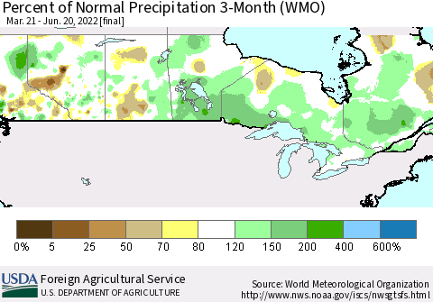 Canada Percent of Normal Precipitation 3-Month (WMO) Thematic Map For 3/21/2022 - 6/20/2022