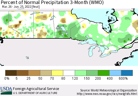 Canada Percent of Normal Precipitation 3-Month (WMO) Thematic Map For 3/26/2022 - 6/25/2022