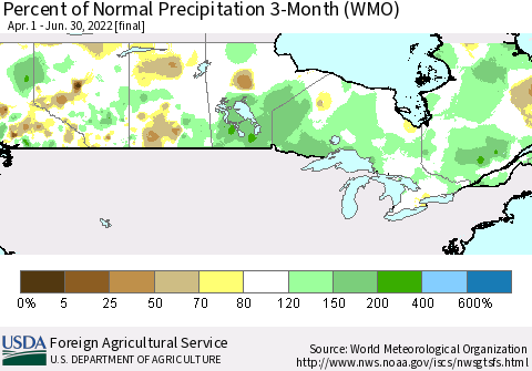 Canada Percent of Normal Precipitation 3-Month (WMO) Thematic Map For 4/1/2022 - 6/30/2022
