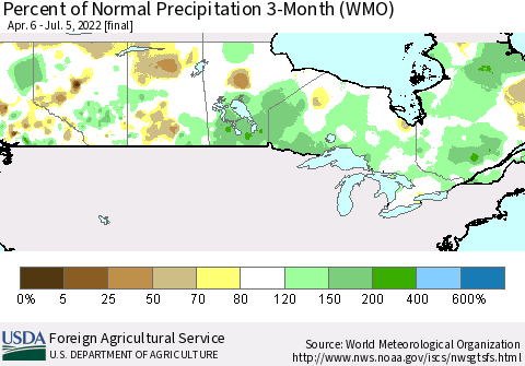 Canada Percent of Normal Precipitation 3-Month (WMO) Thematic Map For 4/6/2022 - 7/5/2022