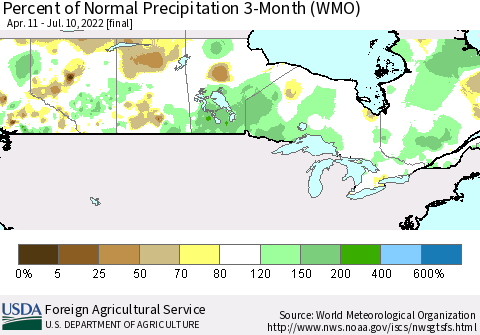 Canada Percent of Normal Precipitation 3-Month (WMO) Thematic Map For 4/11/2022 - 7/10/2022