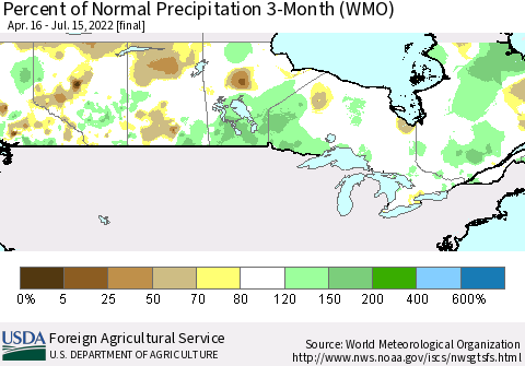 Canada Percent of Normal Precipitation 3-Month (WMO) Thematic Map For 4/16/2022 - 7/15/2022