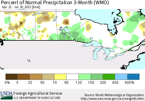 Canada Percent of Normal Precipitation 3-Month (WMO) Thematic Map For 4/21/2022 - 7/20/2022