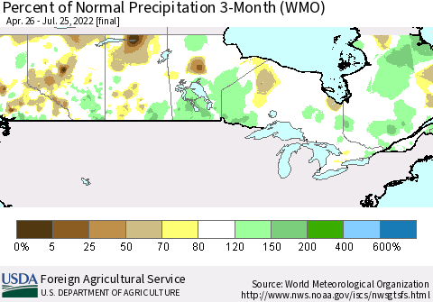 Canada Percent of Normal Precipitation 3-Month (WMO) Thematic Map For 4/26/2022 - 7/25/2022