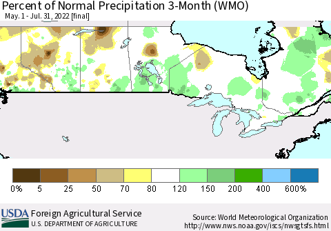 Canada Percent of Normal Precipitation 3-Month (WMO) Thematic Map For 5/1/2022 - 7/31/2022