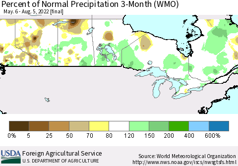 Canada Percent of Normal Precipitation 3-Month (WMO) Thematic Map For 5/6/2022 - 8/5/2022
