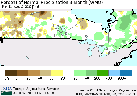 Canada Percent of Normal Precipitation 3-Month (WMO) Thematic Map For 5/11/2022 - 8/10/2022