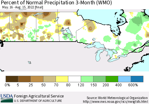Canada Percent of Normal Precipitation 3-Month (WMO) Thematic Map For 5/16/2022 - 8/15/2022