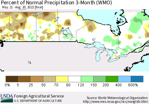 Canada Percent of Normal Precipitation 3-Month (WMO) Thematic Map For 5/21/2022 - 8/20/2022