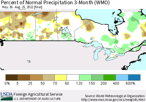 Canada Percent of Normal Precipitation 3-Month (WMO) Thematic Map For 5/26/2022 - 8/25/2022
