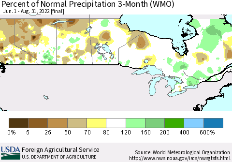 Canada Percent of Normal Precipitation 3-Month (WMO) Thematic Map For 6/1/2022 - 8/31/2022