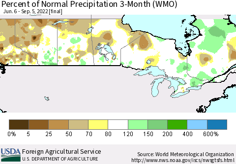 Canada Percent of Normal Precipitation 3-Month (WMO) Thematic Map For 6/6/2022 - 9/5/2022