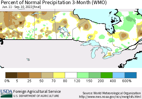 Canada Percent of Normal Precipitation 3-Month (WMO) Thematic Map For 6/11/2022 - 9/10/2022