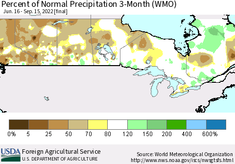 Canada Percent of Normal Precipitation 3-Month (WMO) Thematic Map For 6/16/2022 - 9/15/2022