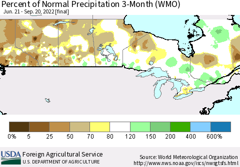 Canada Percent of Normal Precipitation 3-Month (WMO) Thematic Map For 6/21/2022 - 9/20/2022