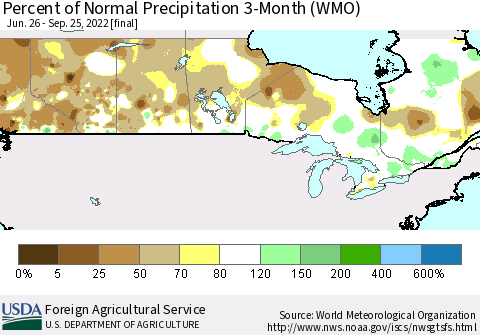 Canada Percent of Normal Precipitation 3-Month (WMO) Thematic Map For 6/26/2022 - 9/25/2022