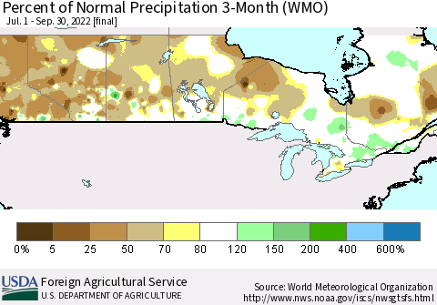 Canada Percent of Normal Precipitation 3-Month (WMO) Thematic Map For 7/1/2022 - 9/30/2022