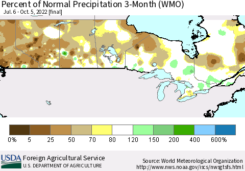 Canada Percent of Normal Precipitation 3-Month (WMO) Thematic Map For 7/6/2022 - 10/5/2022