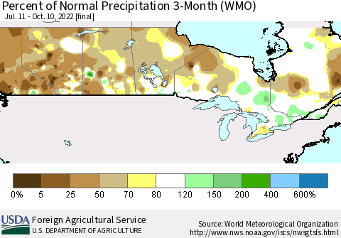 Canada Percent of Normal Precipitation 3-Month (WMO) Thematic Map For 7/11/2022 - 10/10/2022