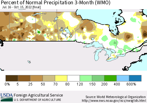Canada Percent of Normal Precipitation 3-Month (WMO) Thematic Map For 7/16/2022 - 10/15/2022