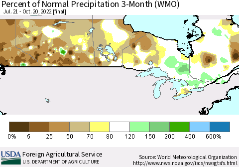 Canada Percent of Normal Precipitation 3-Month (WMO) Thematic Map For 7/21/2022 - 10/20/2022