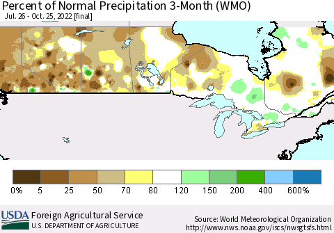 Canada Percent of Normal Precipitation 3-Month (WMO) Thematic Map For 7/26/2022 - 10/25/2022