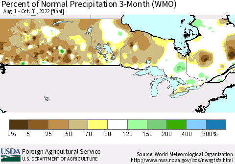 Canada Percent of Normal Precipitation 3-Month (WMO) Thematic Map For 8/1/2022 - 10/31/2022