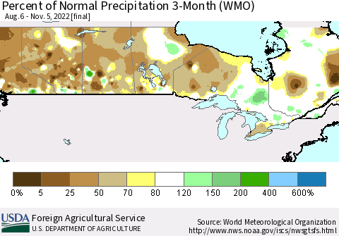 Canada Percent of Normal Precipitation 3-Month (WMO) Thematic Map For 8/6/2022 - 11/5/2022