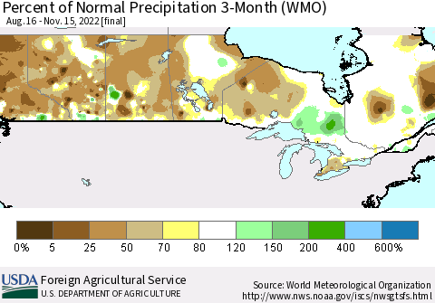 Canada Percent of Normal Precipitation 3-Month (WMO) Thematic Map For 8/16/2022 - 11/15/2022
