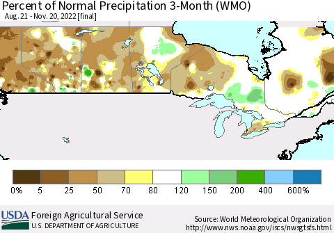 Canada Percent of Normal Precipitation 3-Month (WMO) Thematic Map For 8/21/2022 - 11/20/2022