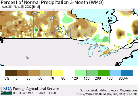 Canada Percent of Normal Precipitation 3-Month (WMO) Thematic Map For 8/26/2022 - 11/25/2022