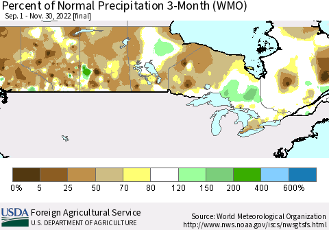 Canada Percent of Normal Precipitation 3-Month (WMO) Thematic Map For 9/1/2022 - 11/30/2022