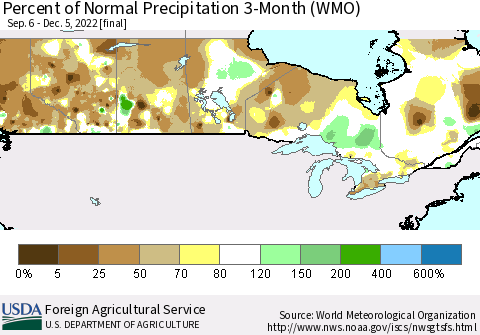 Canada Percent of Normal Precipitation 3-Month (WMO) Thematic Map For 9/6/2022 - 12/5/2022