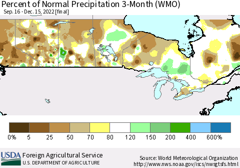 Canada Percent of Normal Precipitation 3-Month (WMO) Thematic Map For 9/16/2022 - 12/15/2022