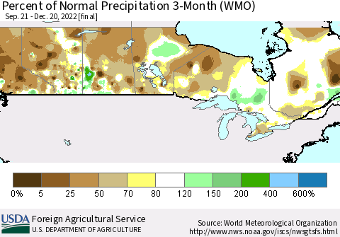 Canada Percent of Normal Precipitation 3-Month (WMO) Thematic Map For 9/21/2022 - 12/20/2022