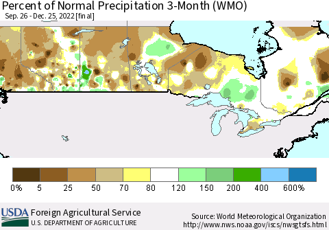 Canada Percent of Normal Precipitation 3-Month (WMO) Thematic Map For 9/26/2022 - 12/25/2022