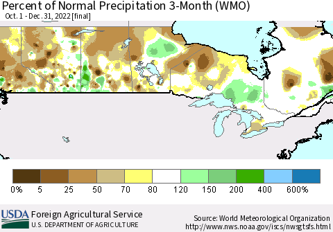 Canada Percent of Normal Precipitation 3-Month (WMO) Thematic Map For 10/1/2022 - 12/31/2022
