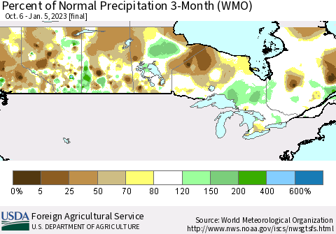 Canada Percent of Normal Precipitation 3-Month (WMO) Thematic Map For 10/6/2022 - 1/5/2023