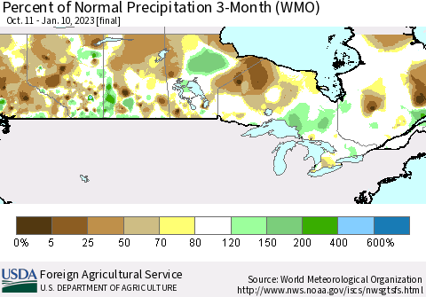 Canada Percent of Normal Precipitation 3-Month (WMO) Thematic Map For 10/11/2022 - 1/10/2023