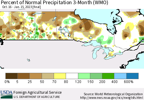 Canada Percent of Normal Precipitation 3-Month (WMO) Thematic Map For 10/16/2022 - 1/15/2023