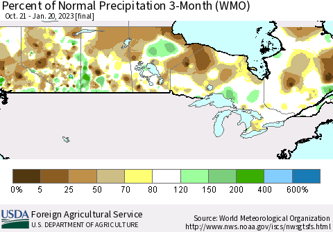 Canada Percent of Normal Precipitation 3-Month (WMO) Thematic Map For 10/21/2022 - 1/20/2023