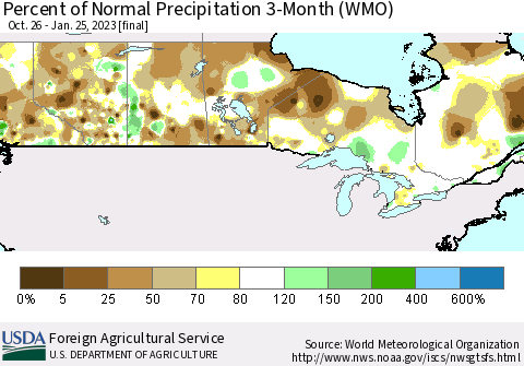 Canada Percent of Normal Precipitation 3-Month (WMO) Thematic Map For 10/26/2022 - 1/25/2023