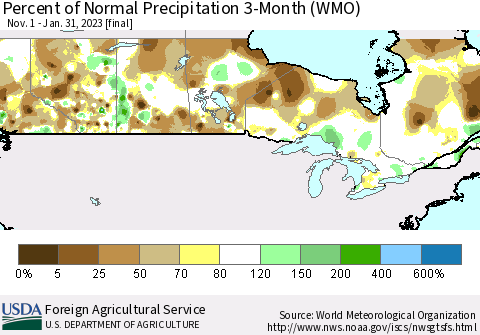 Canada Percent of Normal Precipitation 3-Month (WMO) Thematic Map For 11/1/2022 - 1/31/2023