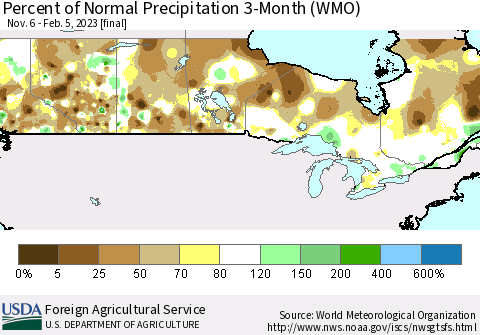 Canada Percent of Normal Precipitation 3-Month (WMO) Thematic Map For 11/6/2022 - 2/5/2023