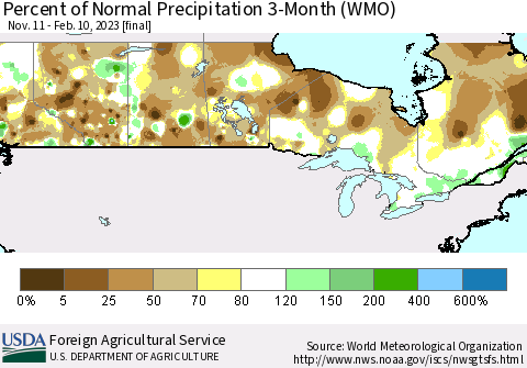 Canada Percent of Normal Precipitation 3-Month (WMO) Thematic Map For 11/11/2022 - 2/10/2023
