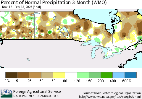 Canada Percent of Normal Precipitation 3-Month (WMO) Thematic Map For 11/16/2022 - 2/15/2023
