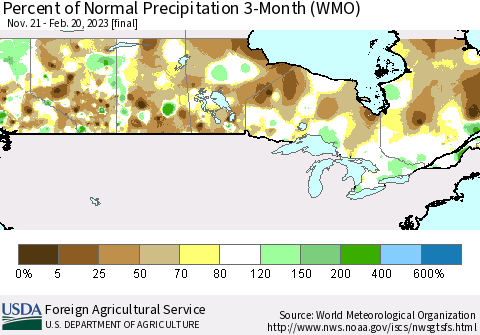 Canada Percent of Normal Precipitation 3-Month (WMO) Thematic Map For 11/21/2022 - 2/20/2023