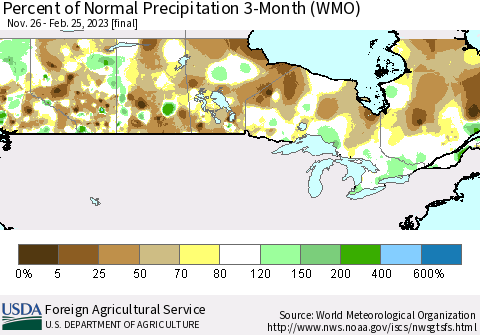 Canada Percent of Normal Precipitation 3-Month (WMO) Thematic Map For 11/26/2022 - 2/25/2023